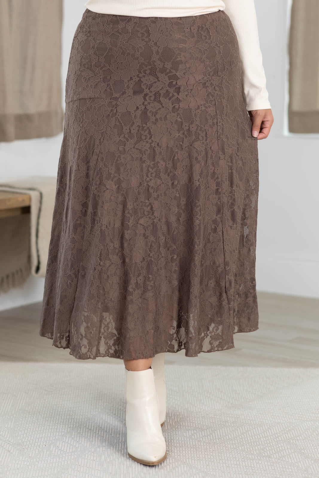 Mocha Lace Midi Elastic Skirt