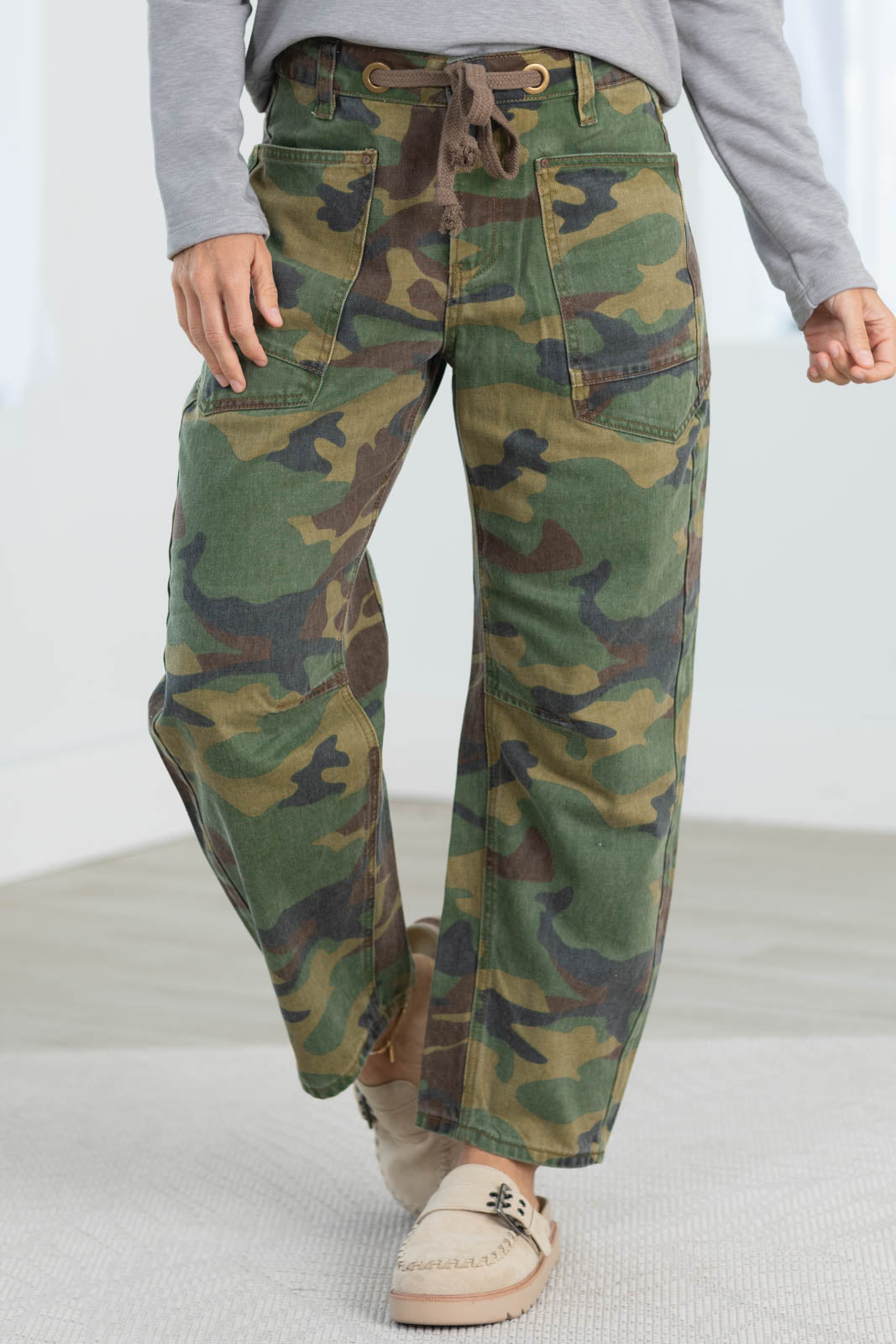 Risen Camo Crop Barrel Pants With Tie Belt