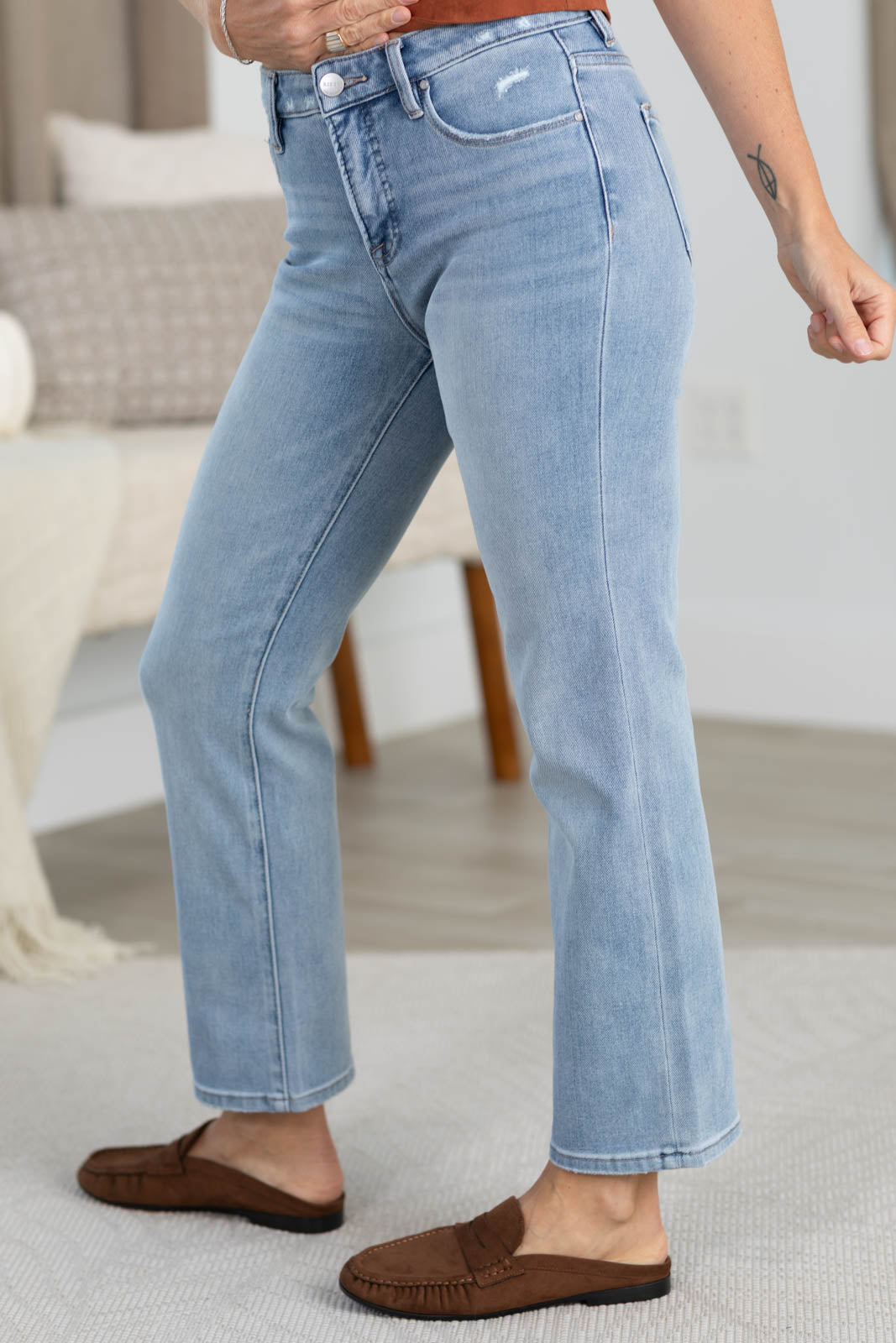 Risen Light Wash Tummy Control Mid Rise Ankle Straight Jean