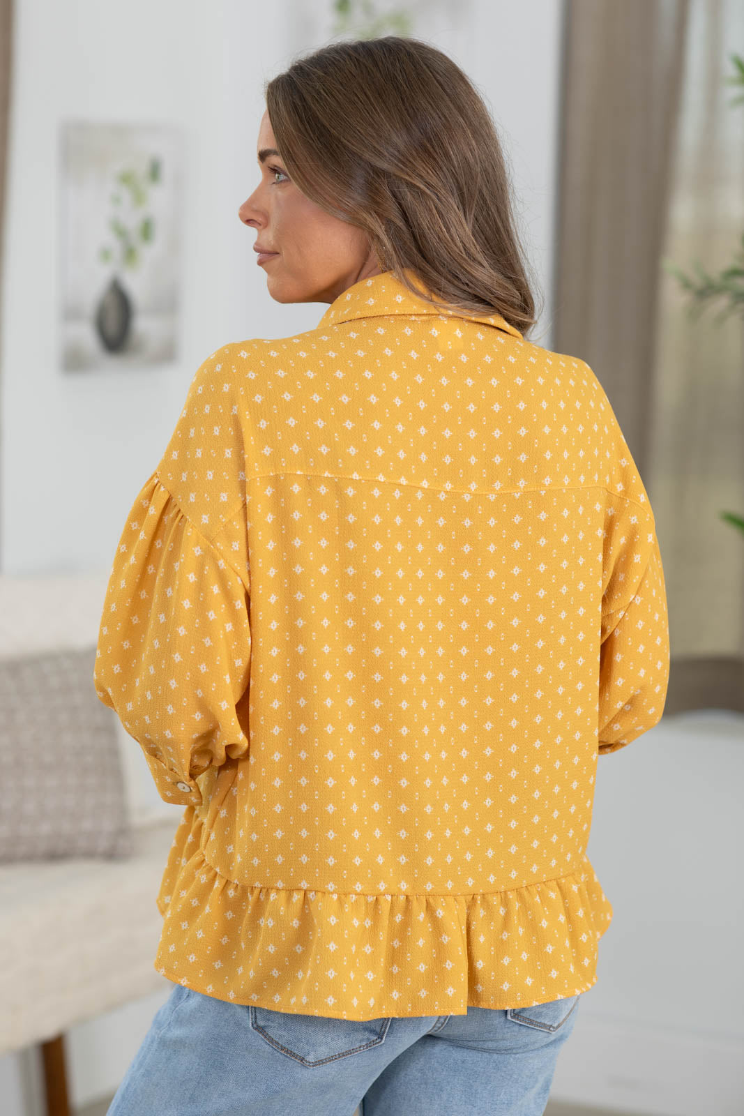 Marigold Printed Drop Waist Button Up Top