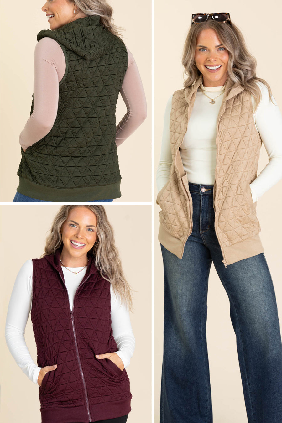 Quilted Knit Zip Up Hoodie Vests