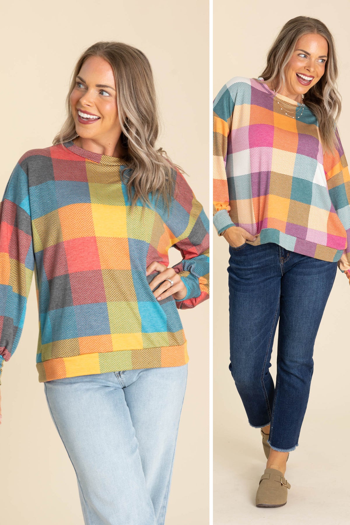 Drop Shoulder Oversized Checker Knit Tops