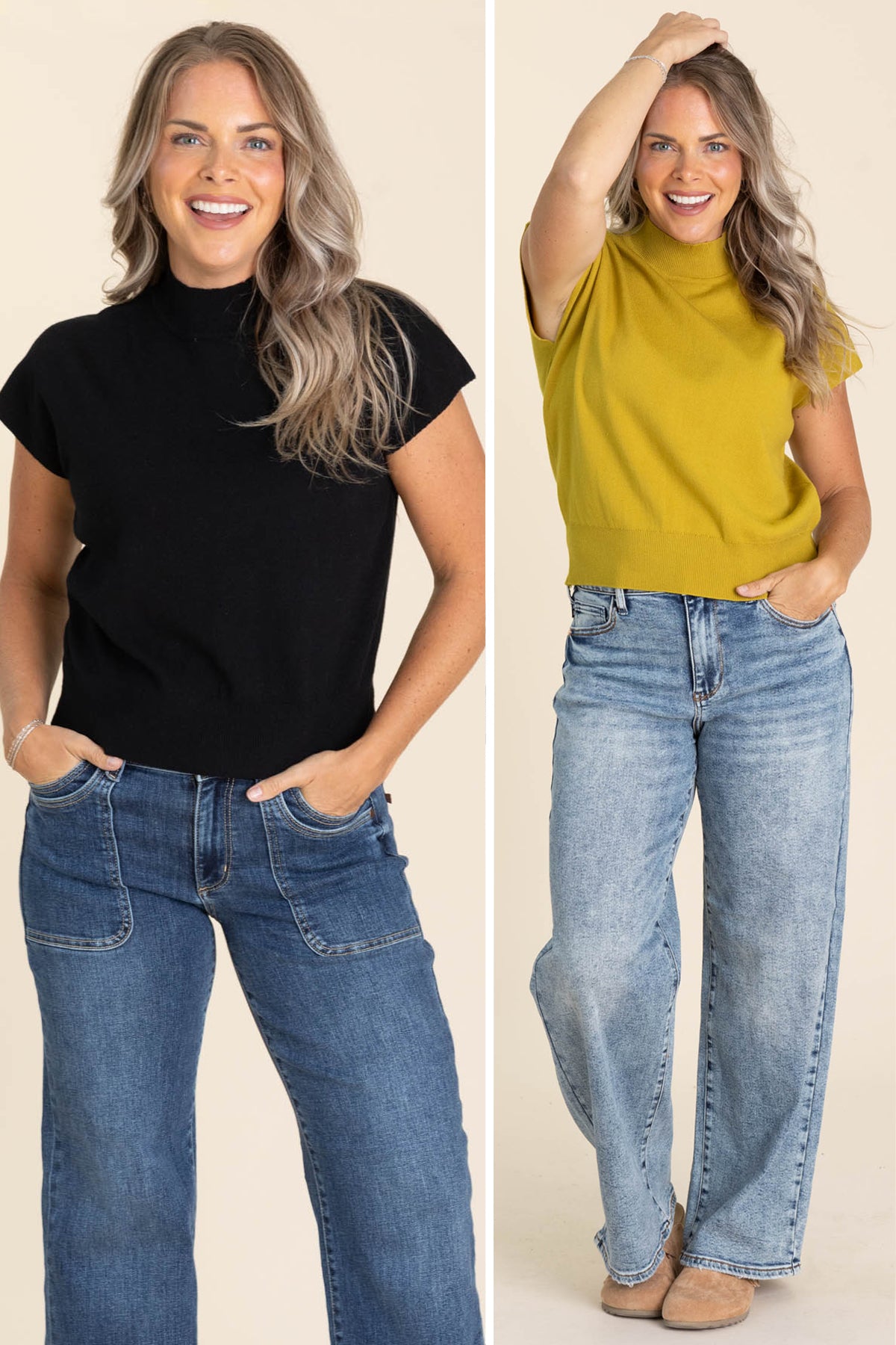 Mock Neck Cap Sleeves Knit Tops