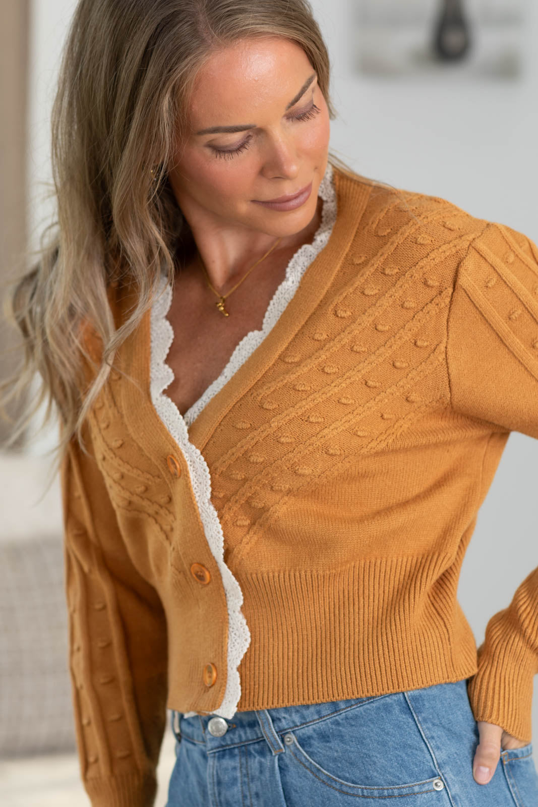 Camel Lace Trim Button Front Knit Cardigan