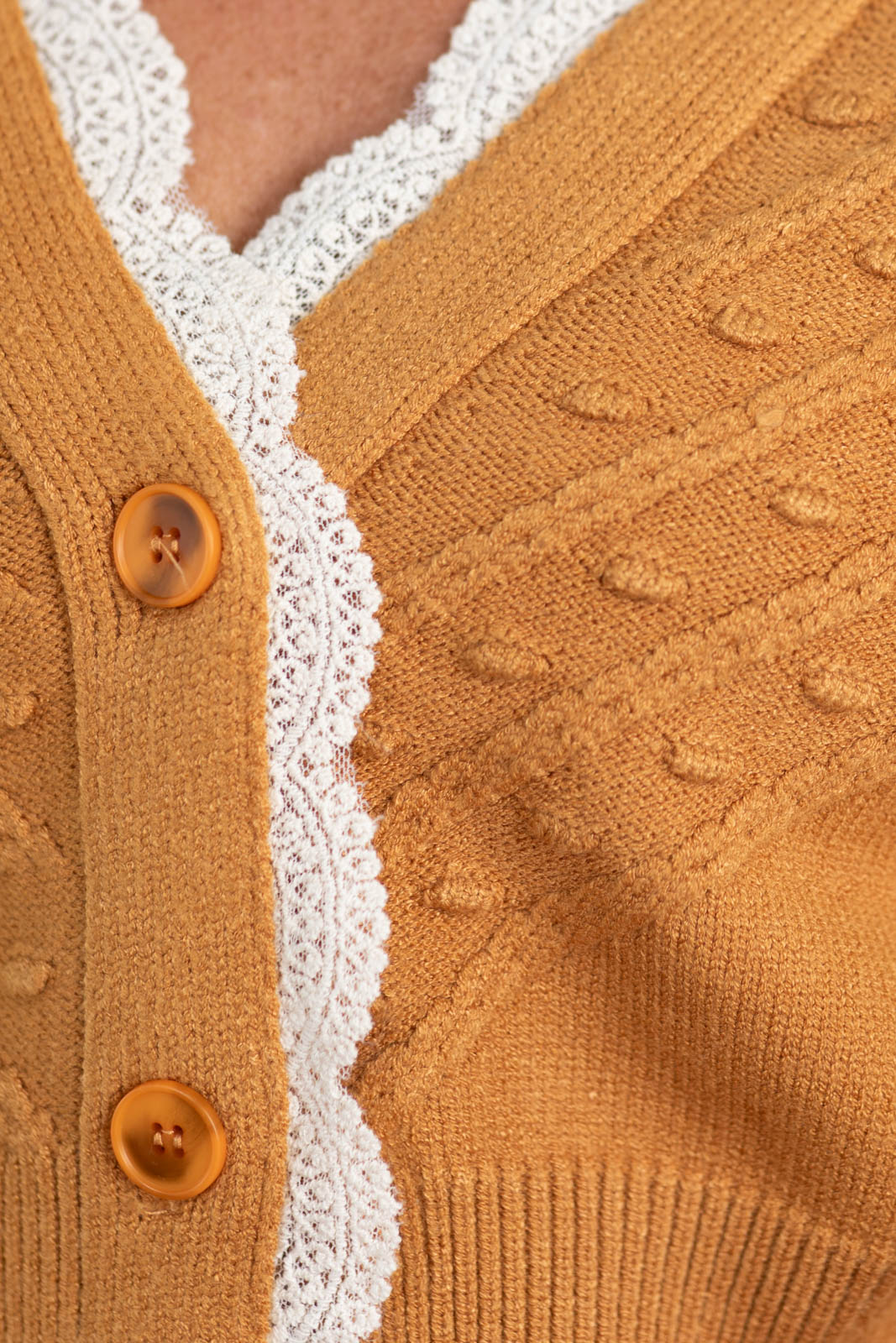 Camel Lace Trim Button Front Knit Cardigan