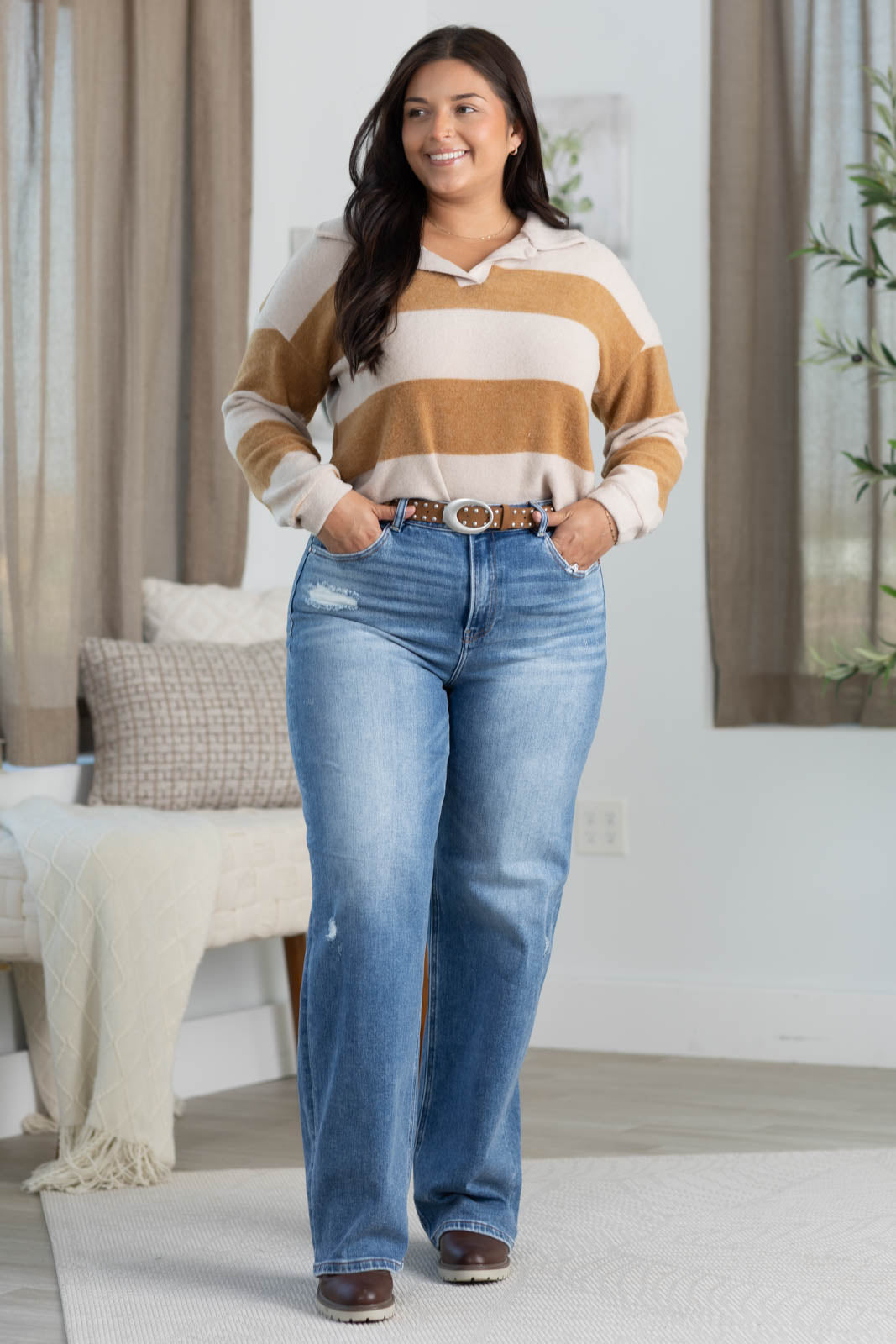 Brushed Striped Hacci Collared Knit Top