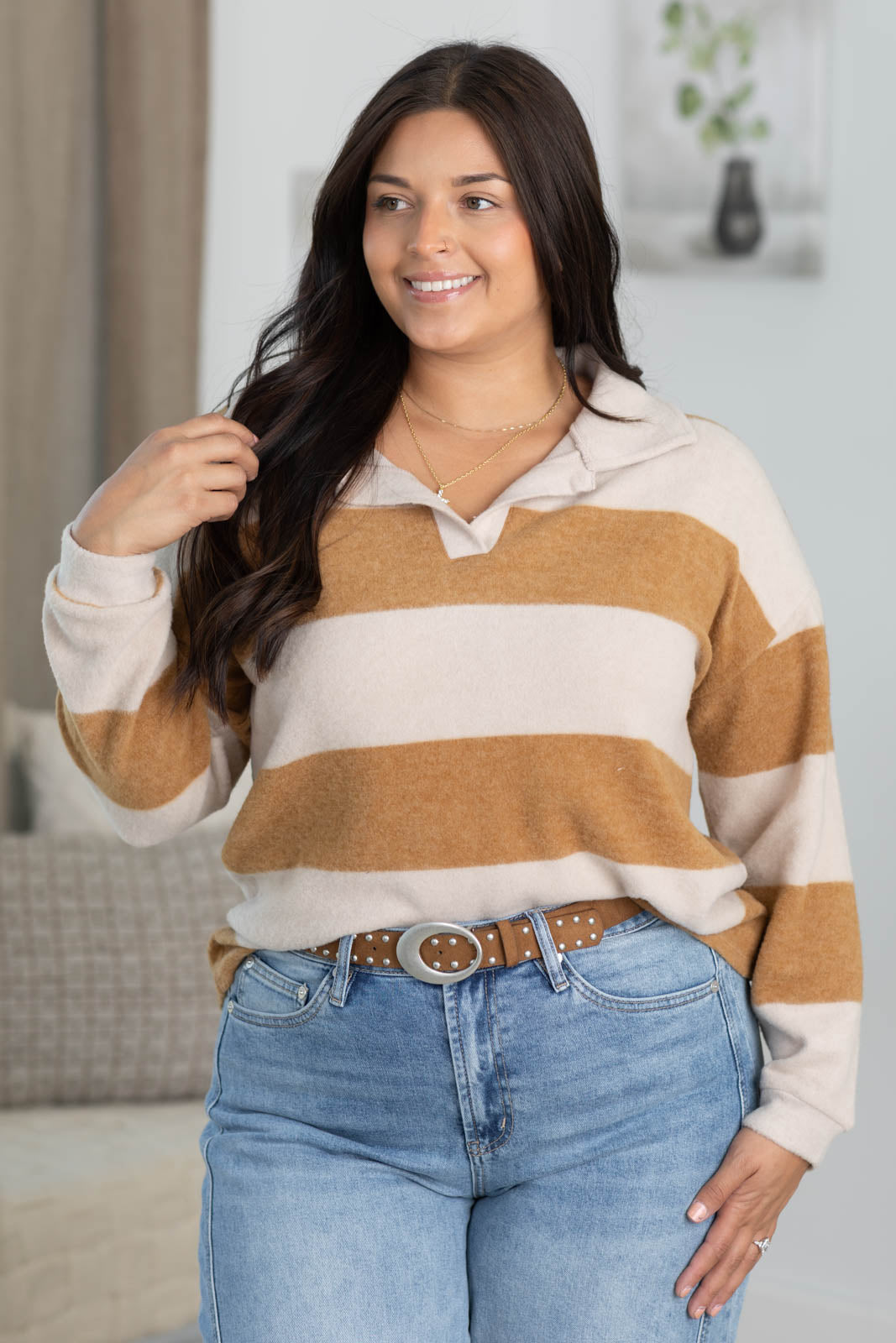 Brushed Striped Hacci Collared Knit Top