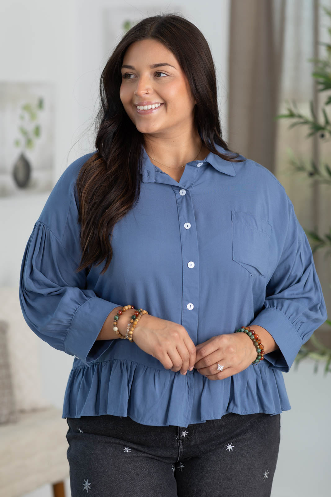 Slate Blue Drop Waist Button Up Top