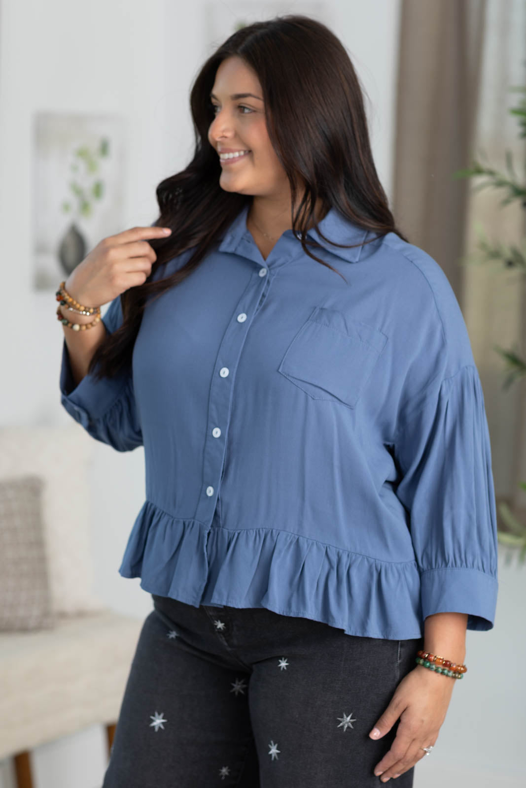 Slate Blue Drop Waist Button Up Top