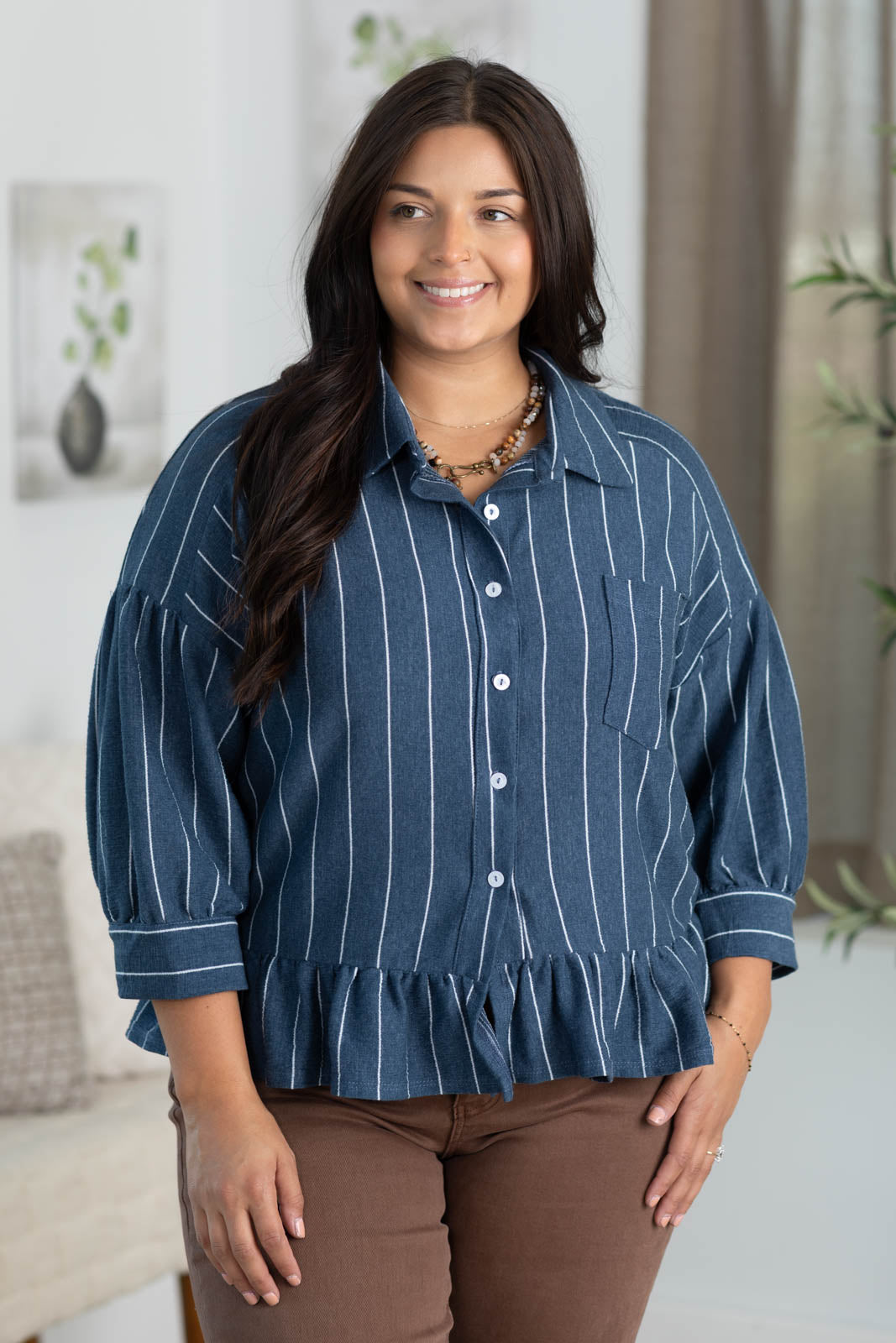 Navy And White Stripe Drop Waist Button Up Top