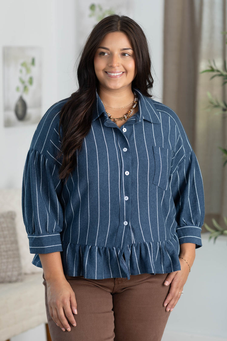 Navy And White Stripe Drop Waist Button Up Top