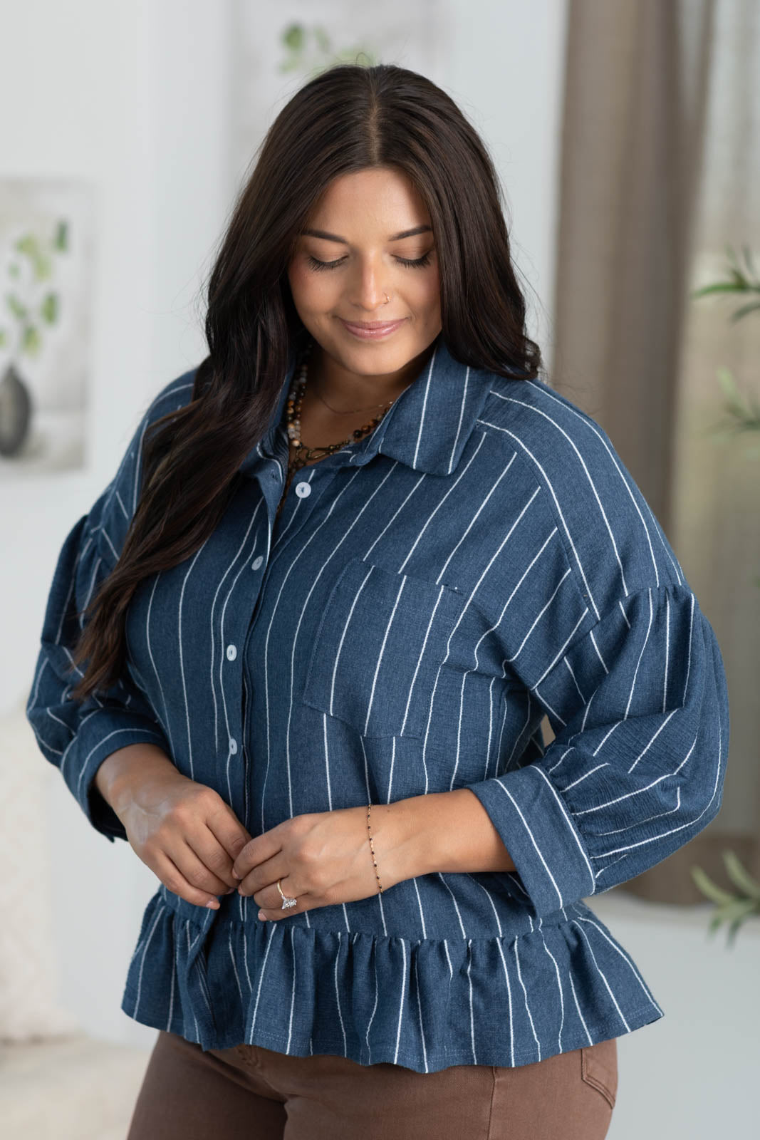 Navy And White Stripe Drop Waist Button Up Top