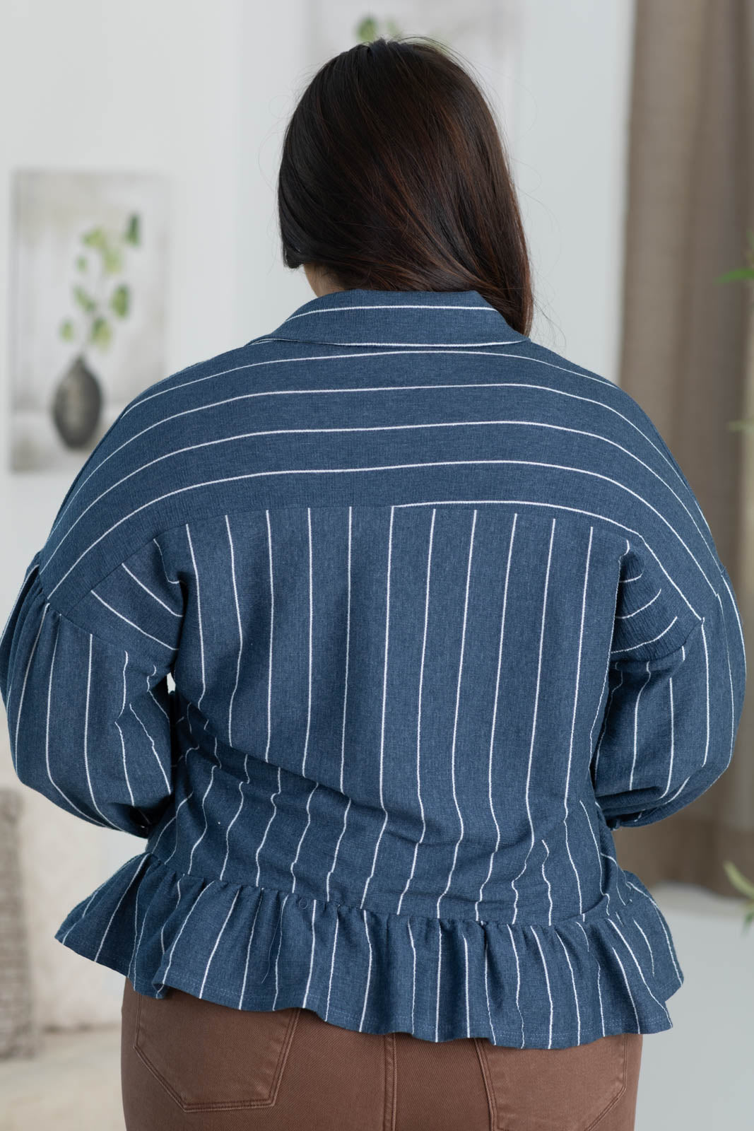 Navy And White Stripe Drop Waist Button Up Top