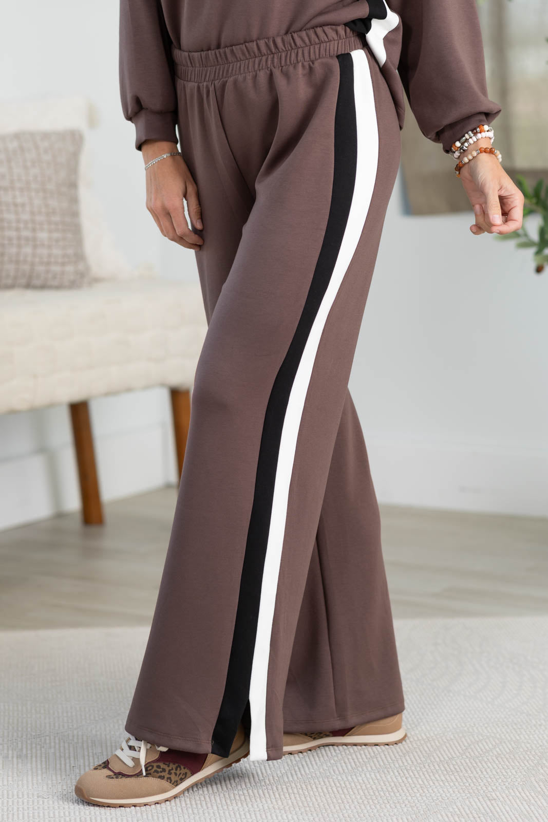 Off Duty Wide Leg Scuba Pants With Track Stripe by Filly Flair