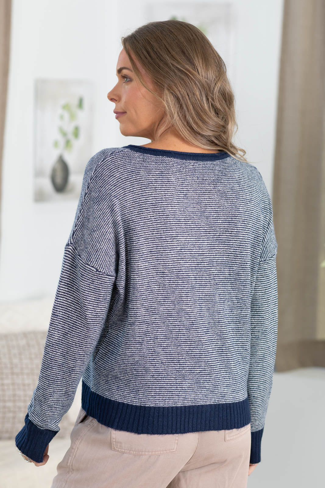 Staccato Navy Pinstripes Multicolor Button Cardigan