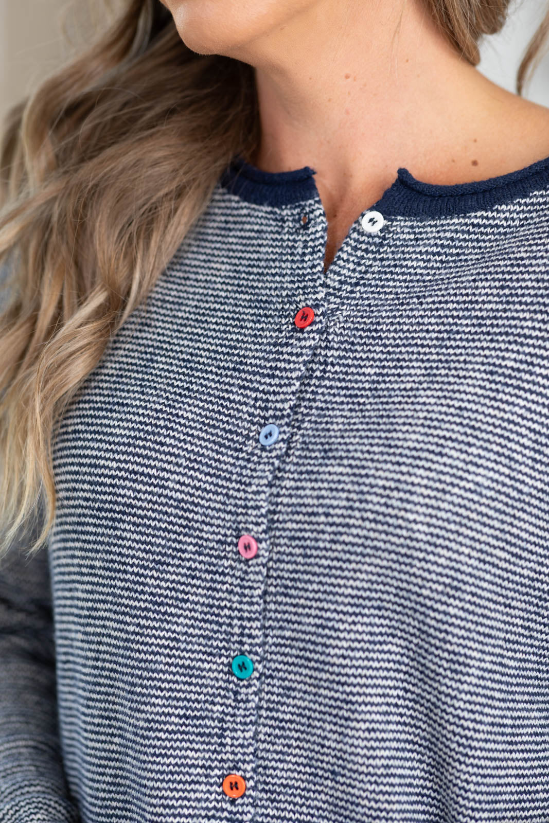 Staccato Navy Pinstripes Multicolor Button Cardigan
