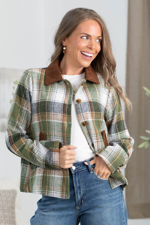 Olive Plaid Button Front Barn Jacket With Corduroy