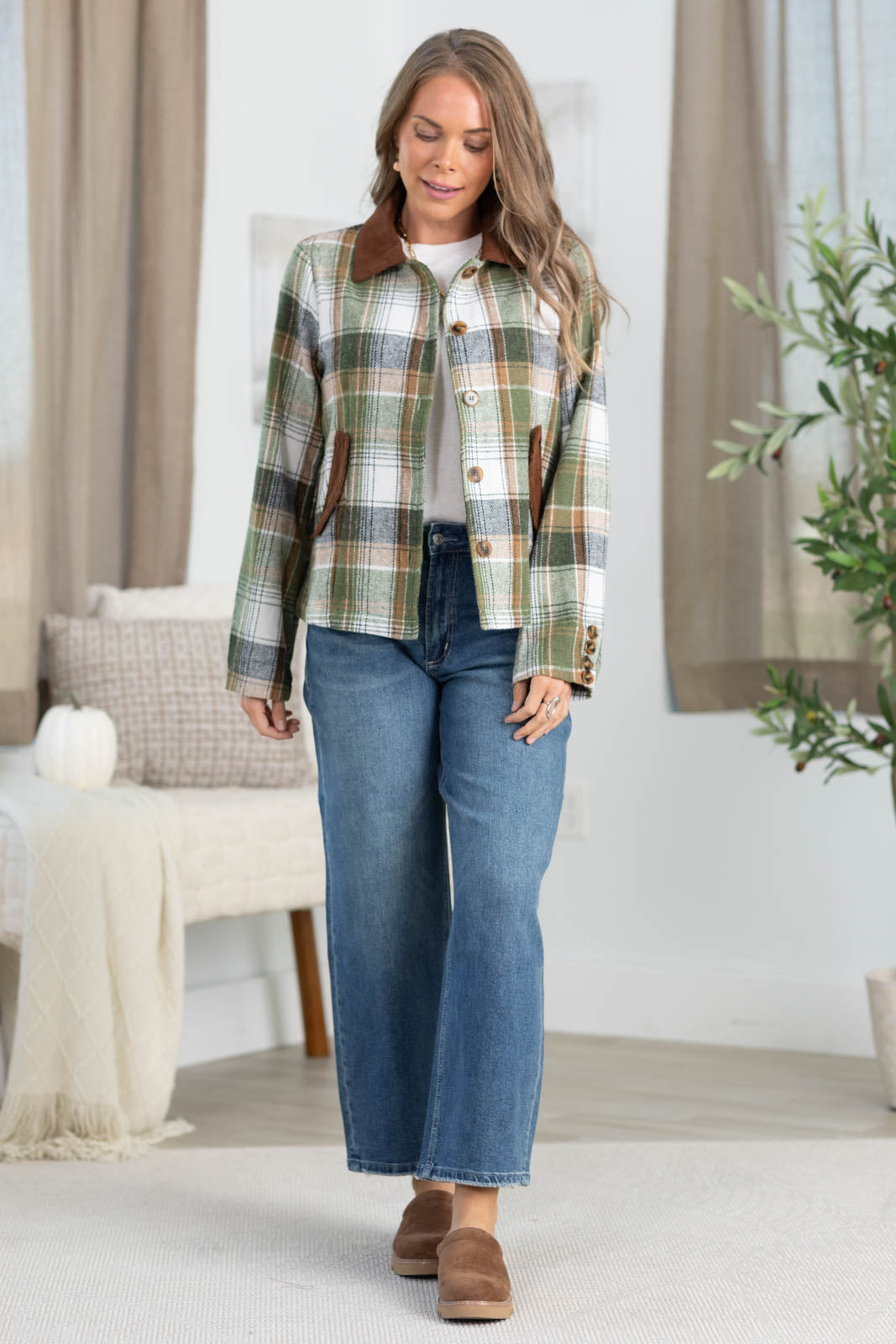 Olive Plaid Button Front Barn Jacket With Corduroy
