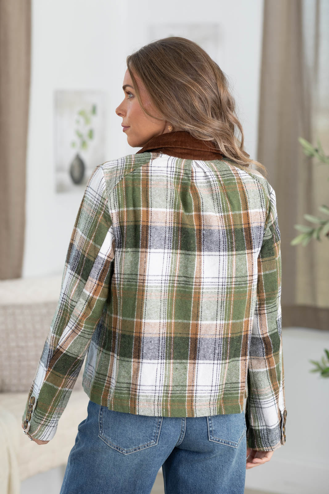 Olive Plaid Button Front Barn Jacket With Corduroy