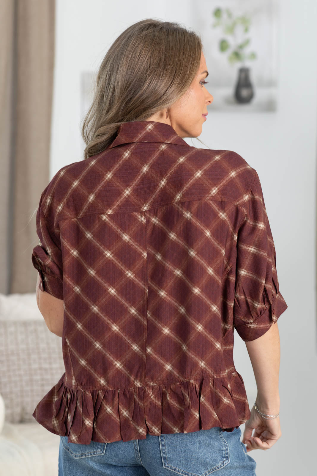 Chestnut Plaid Ruffle Hem Button Down Top