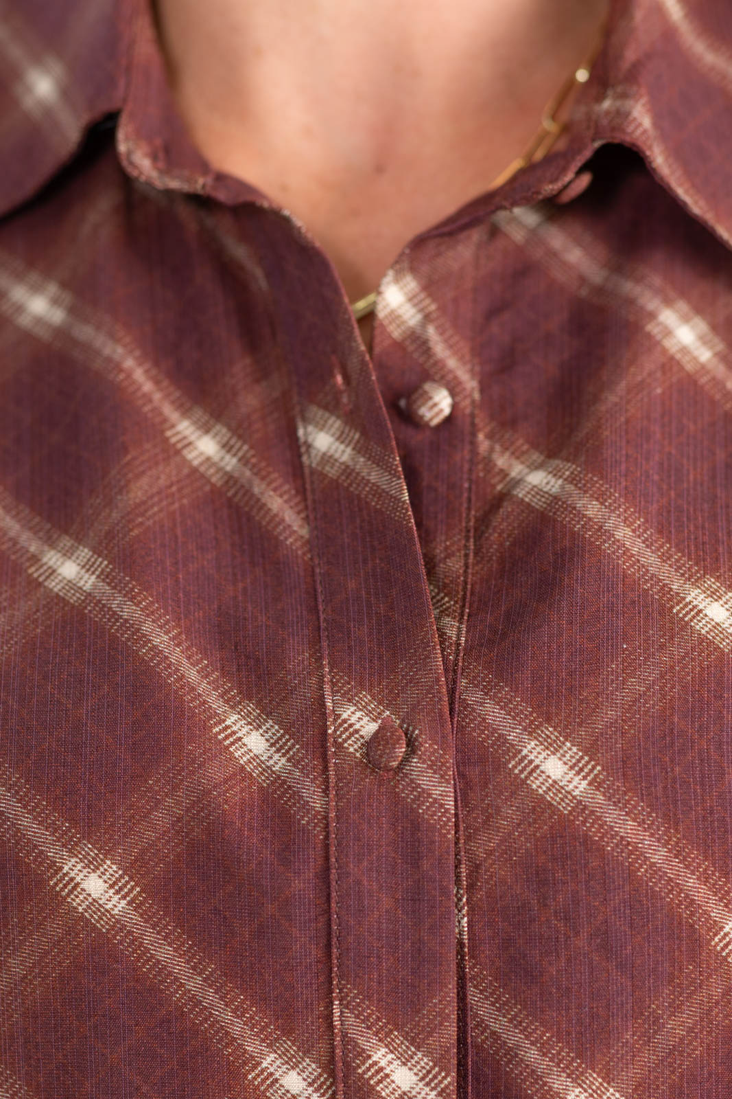 Chestnut Plaid Ruffle Hem Button Down Top