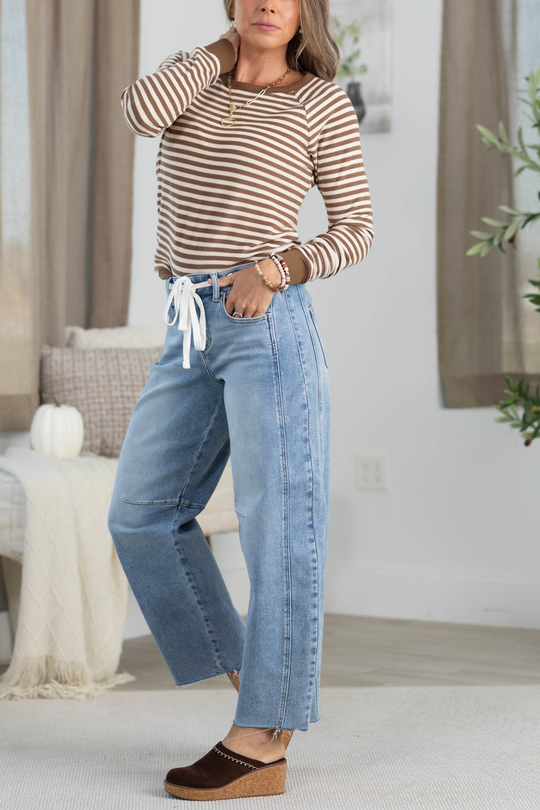 Risen Light Wash Ankle Barrel Jeans With Drawstring