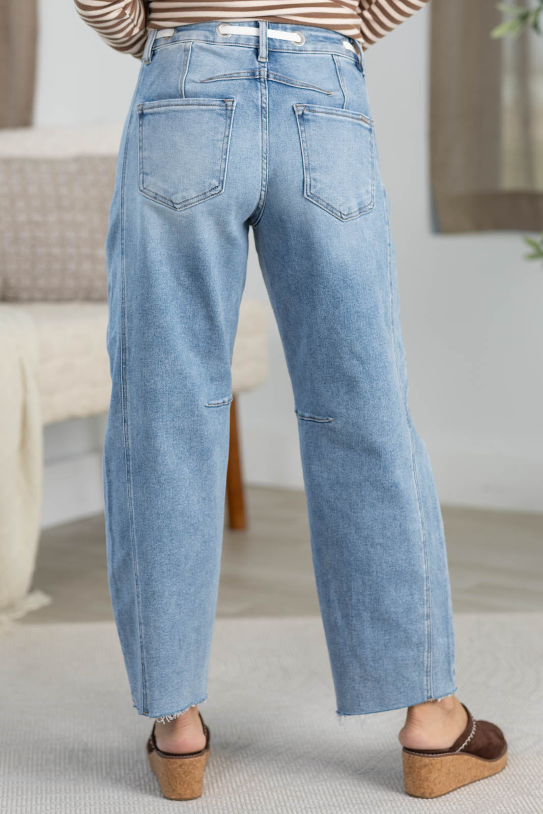 Risen Light Wash Ankle Barrel Jeans With Drawstring