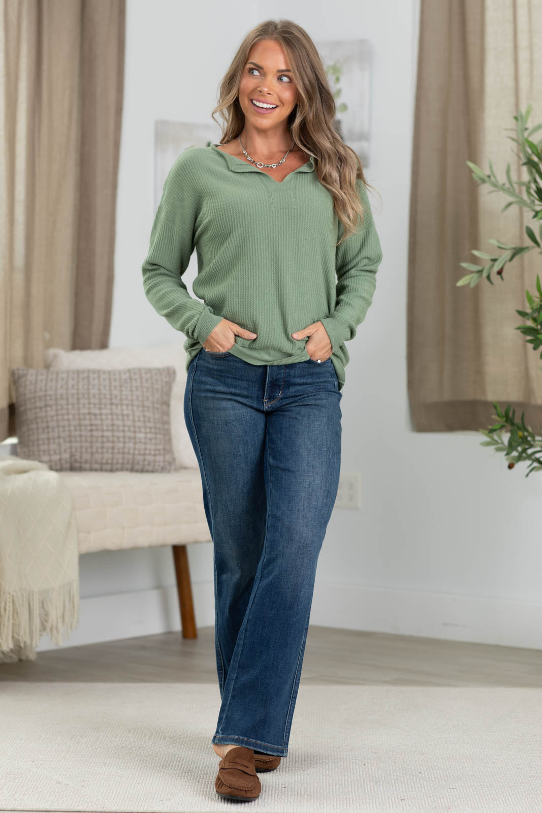 Staccato Split Neck Mini Waffle Sweater Knit Top