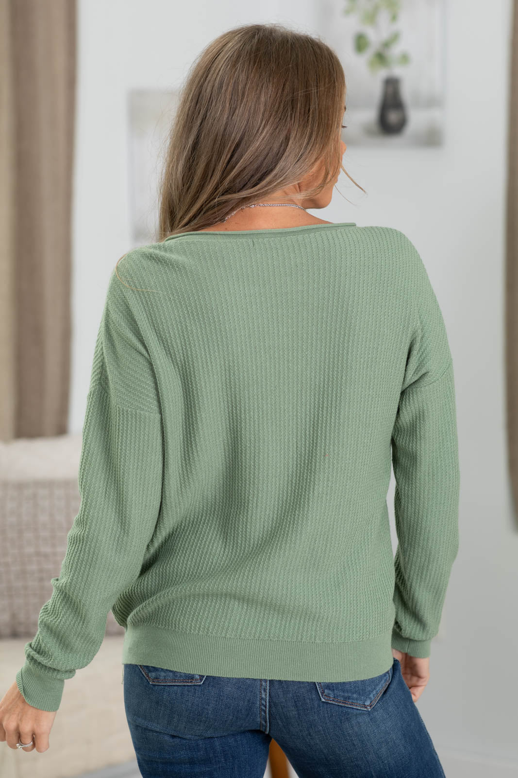 Staccato Split Neck Mini Waffle Sweater Knit Top