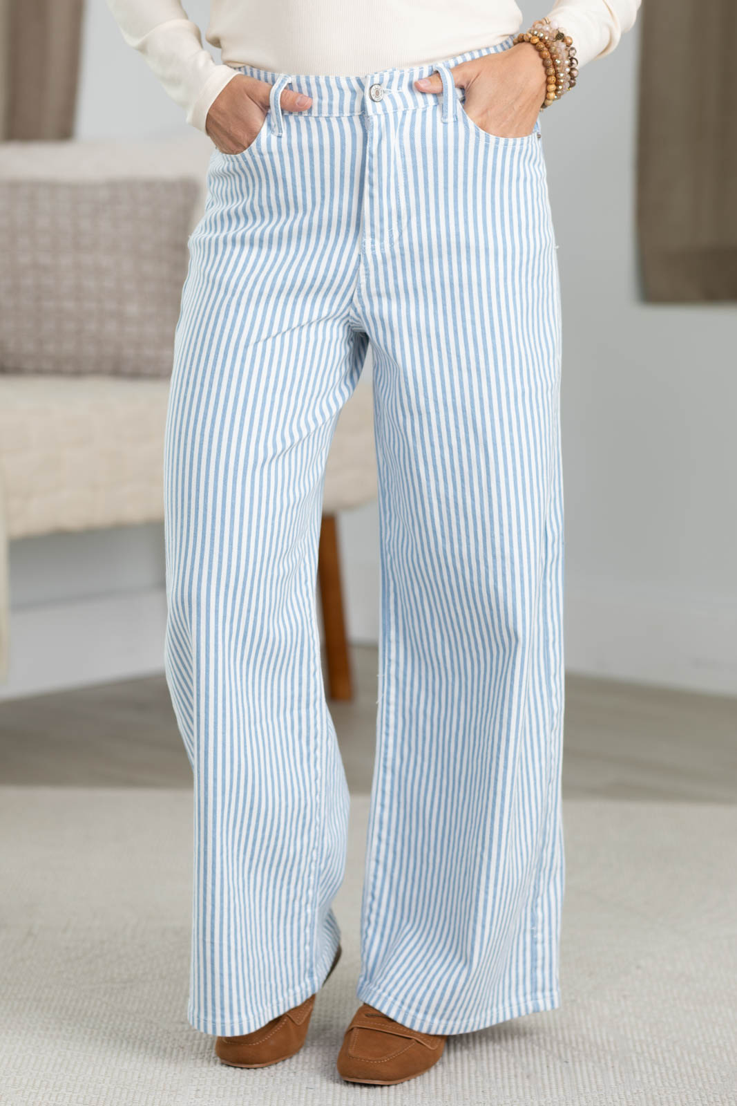 Light Denim High Rise Wide Leg Railroad Stripe Pants