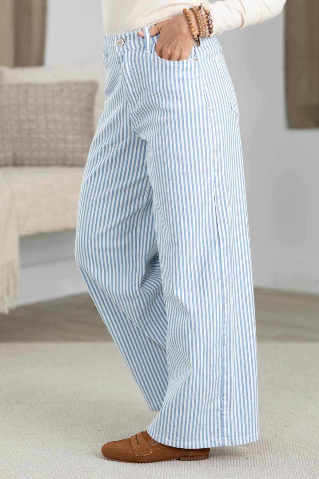 Light Denim High Rise Wide Leg Railroad Stripe Pants