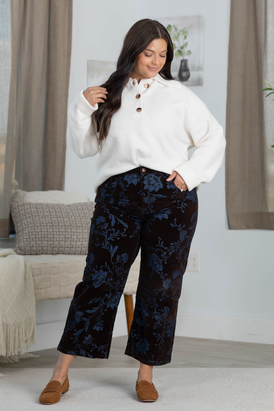 Cotierra Dark Rustic Brown Velvet Stretch Straight Leg Pants