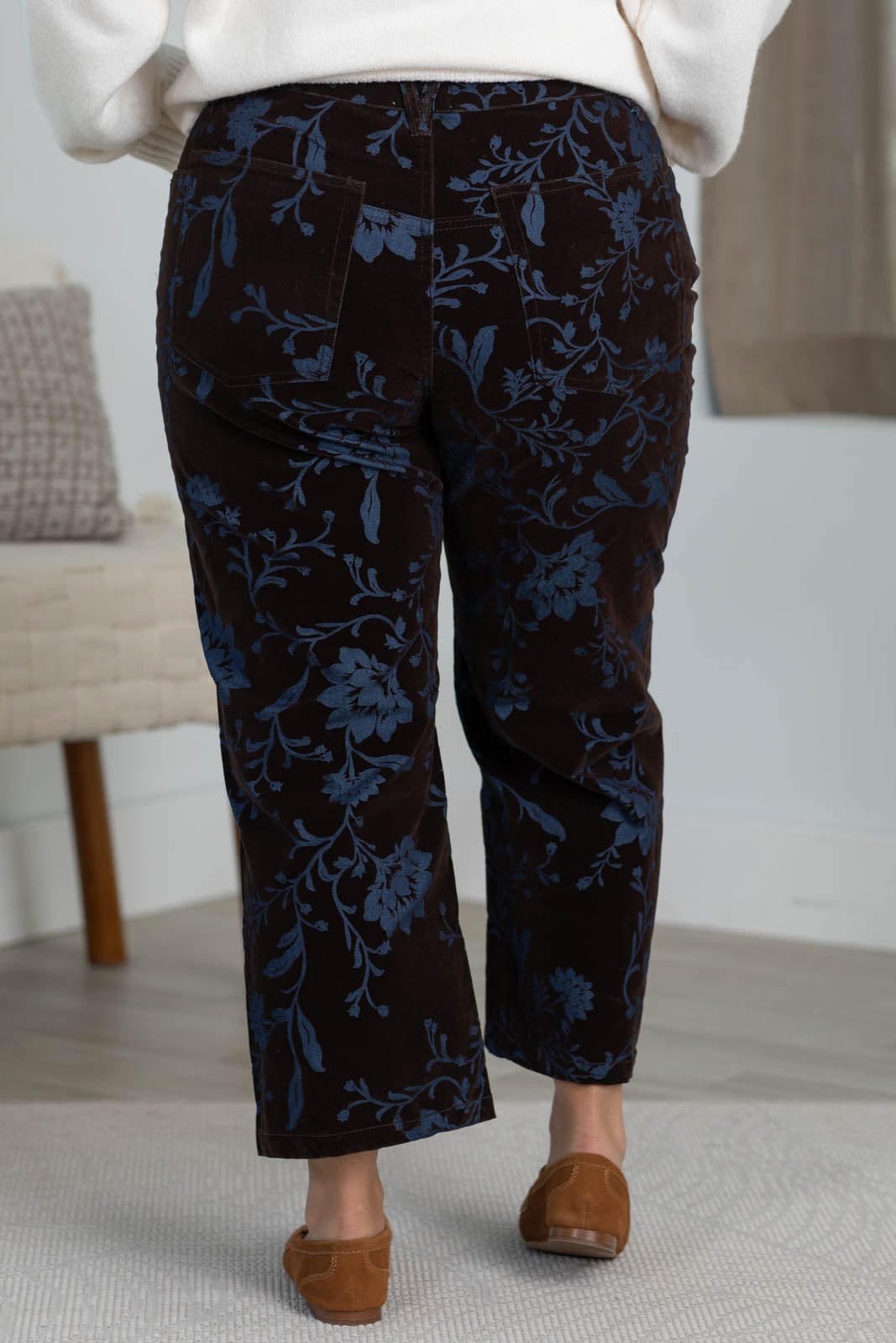 Cotierra Dark Rustic Brown Velvet Stretch Straight Leg Pants