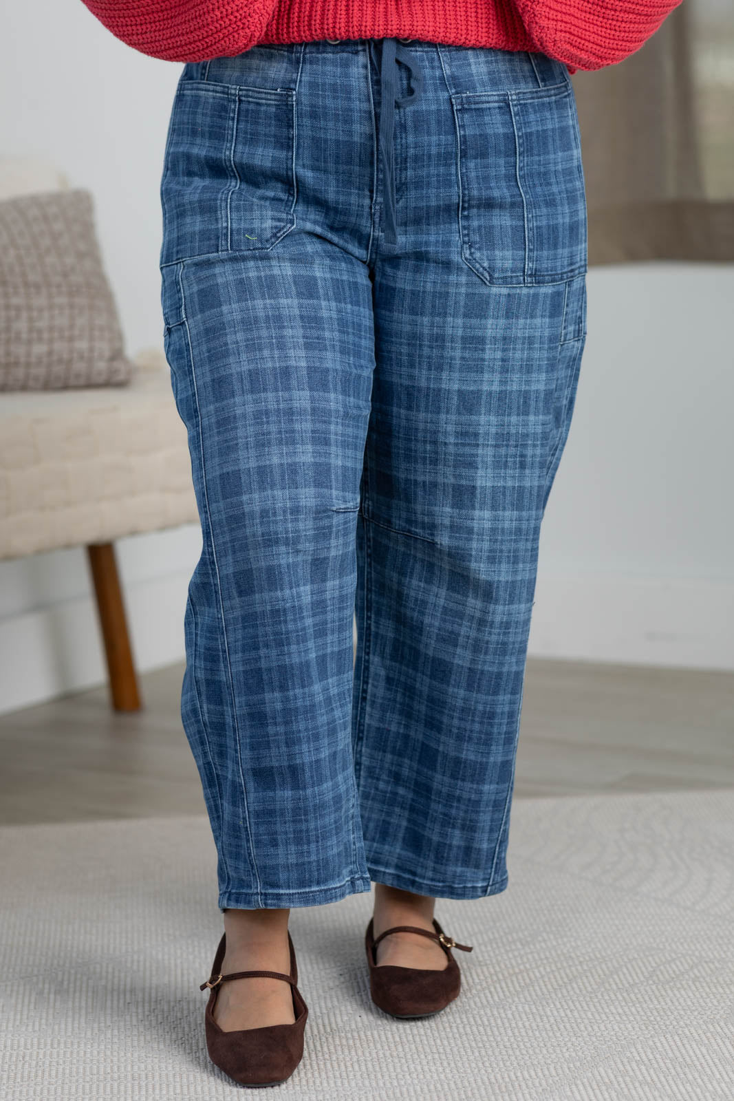 Risen Medium Wash Slouchy Barrel Plaid Jeans