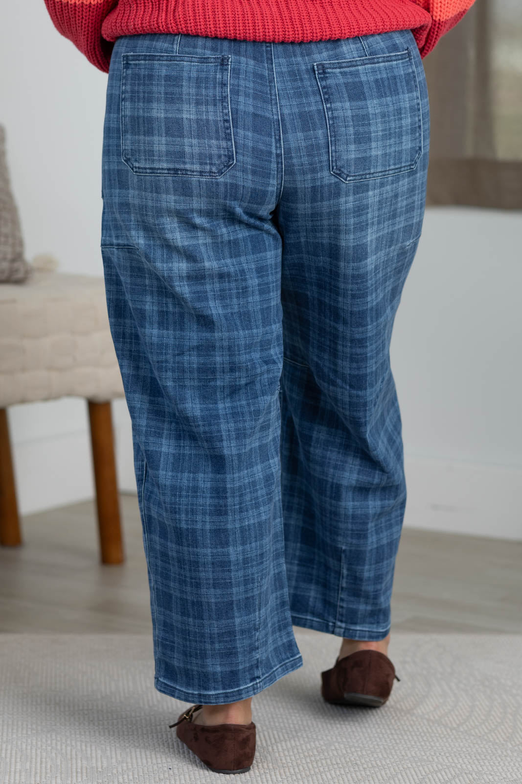 Risen Medium Wash Slouchy Barrel Plaid Jeans