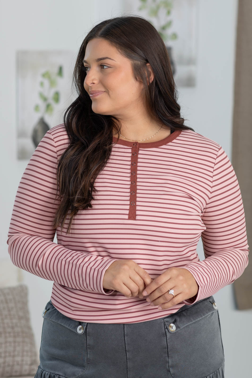Staccato Half Snap Button Striped Knit Top