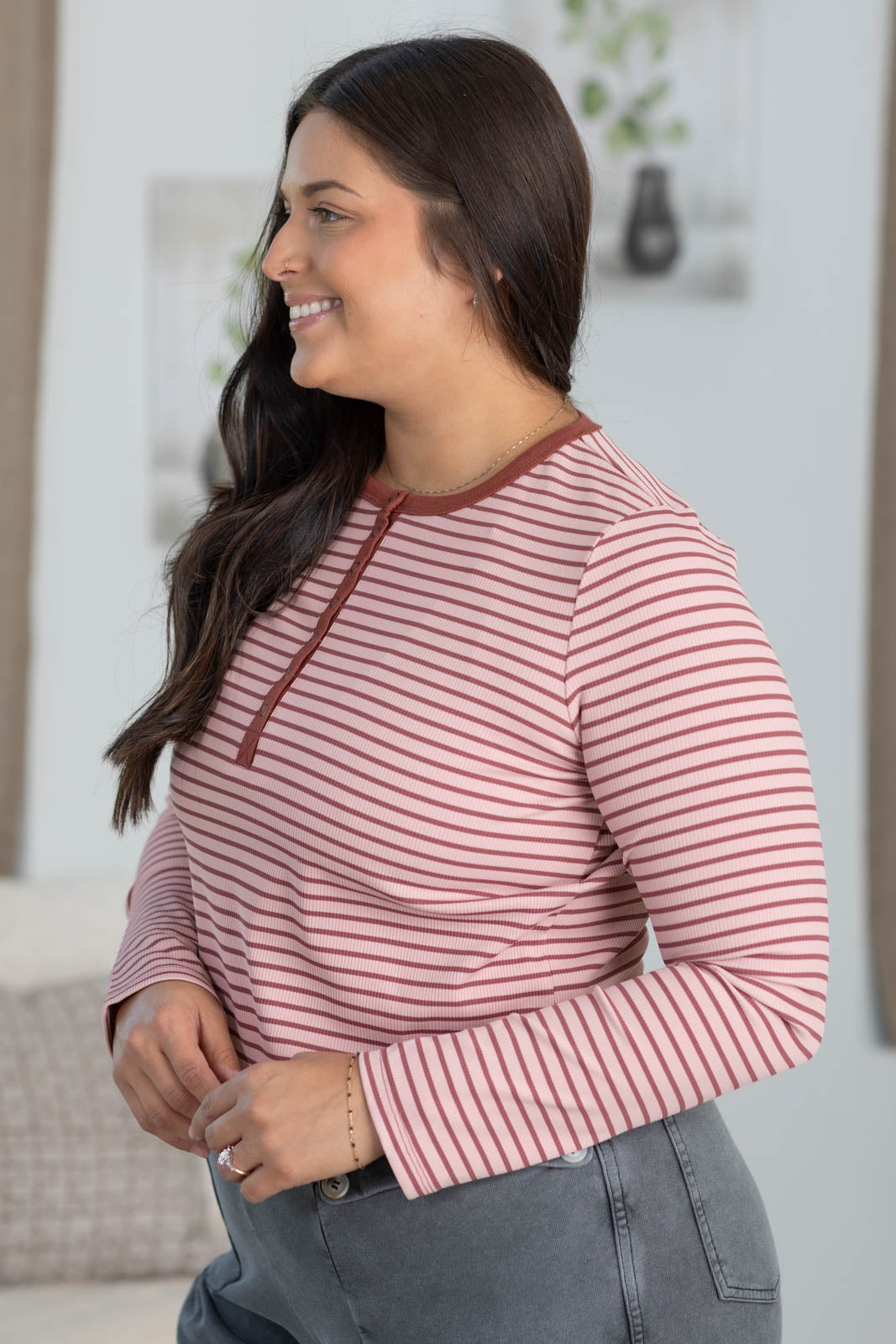 Staccato Half Snap Button Striped Knit Top