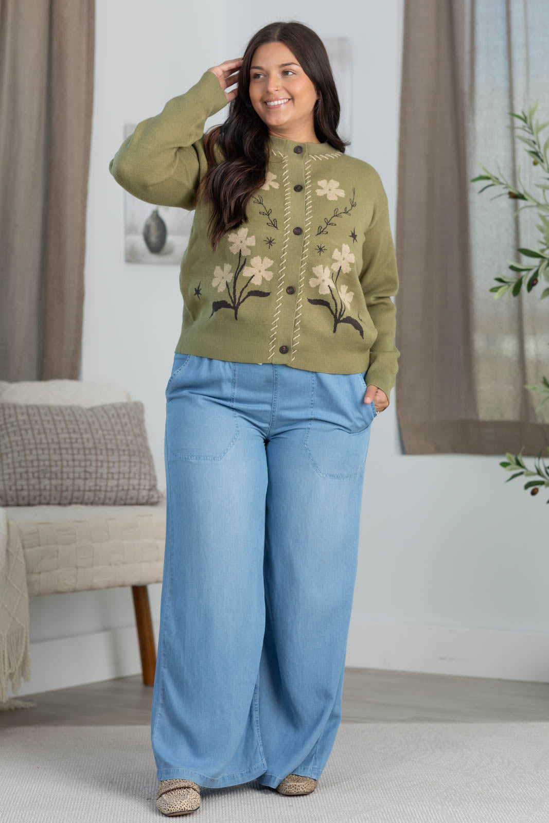 Staccato Flower Print Stitch Detail Cardigan