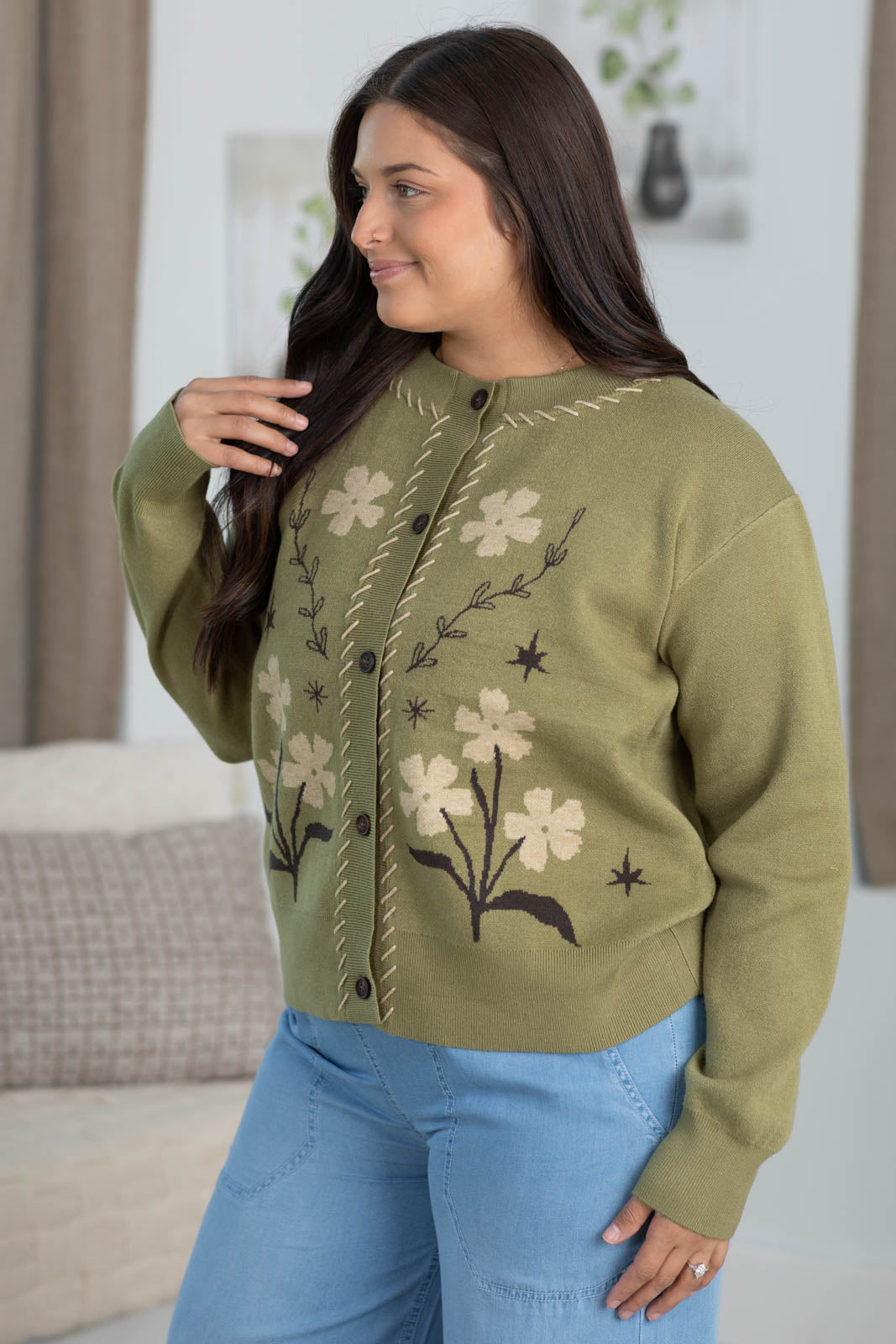 Staccato Flower Print Stitch Detail Cardigan