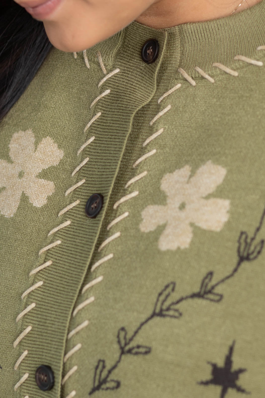 Staccato Flower Print Stitch Detail Cardigan