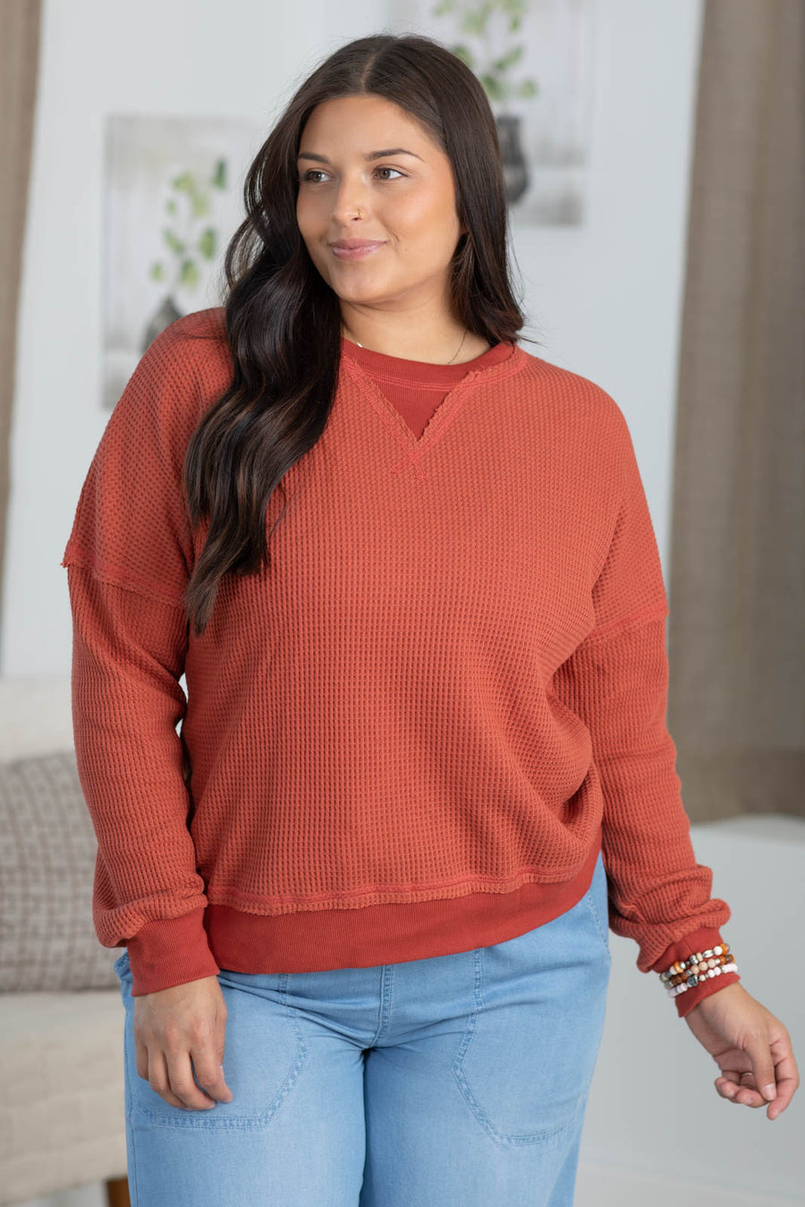 Staccato Raw Edge Waffle Texture Sweatshirt