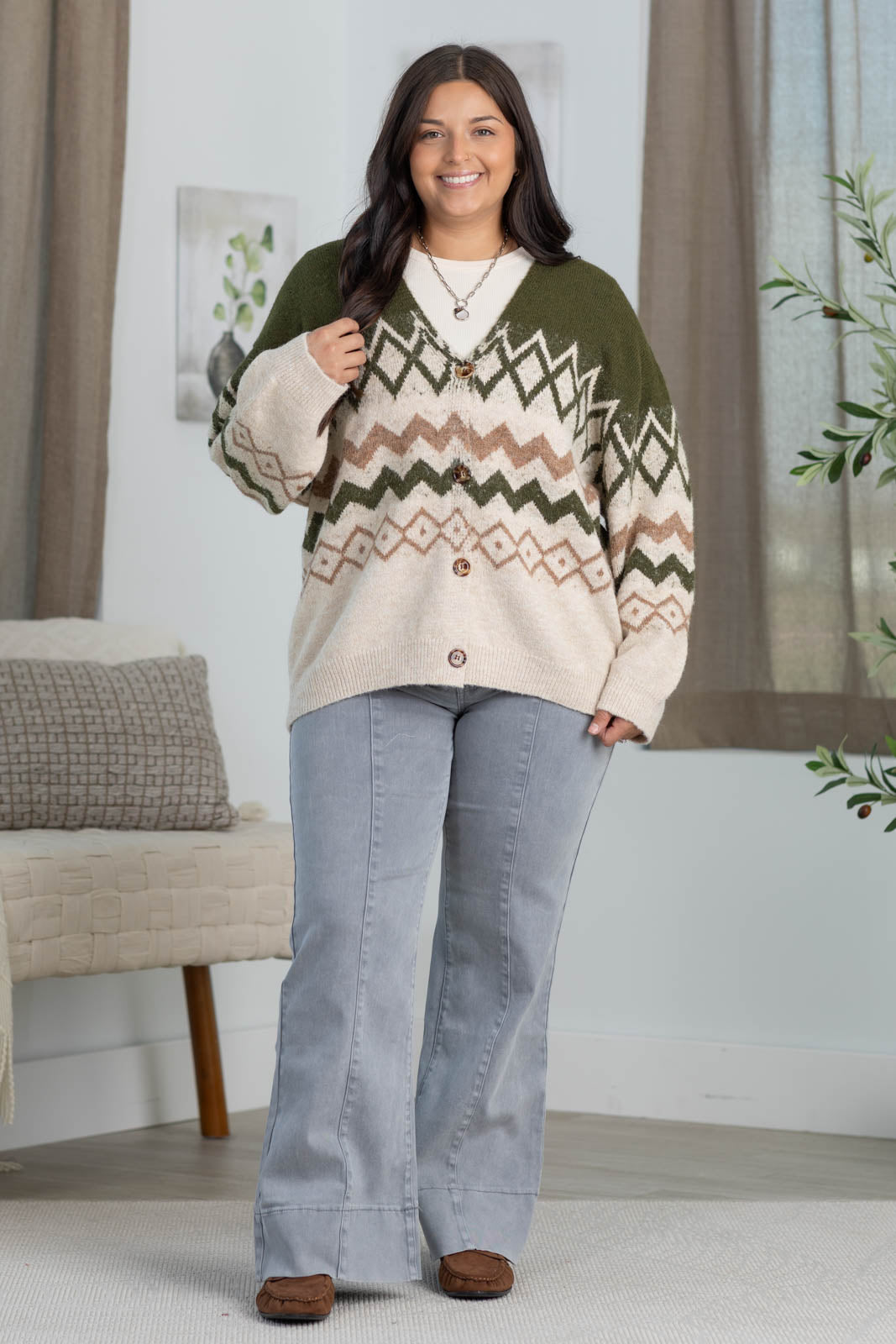 Cotierra Olive And Beige Printed Knit Cardigan