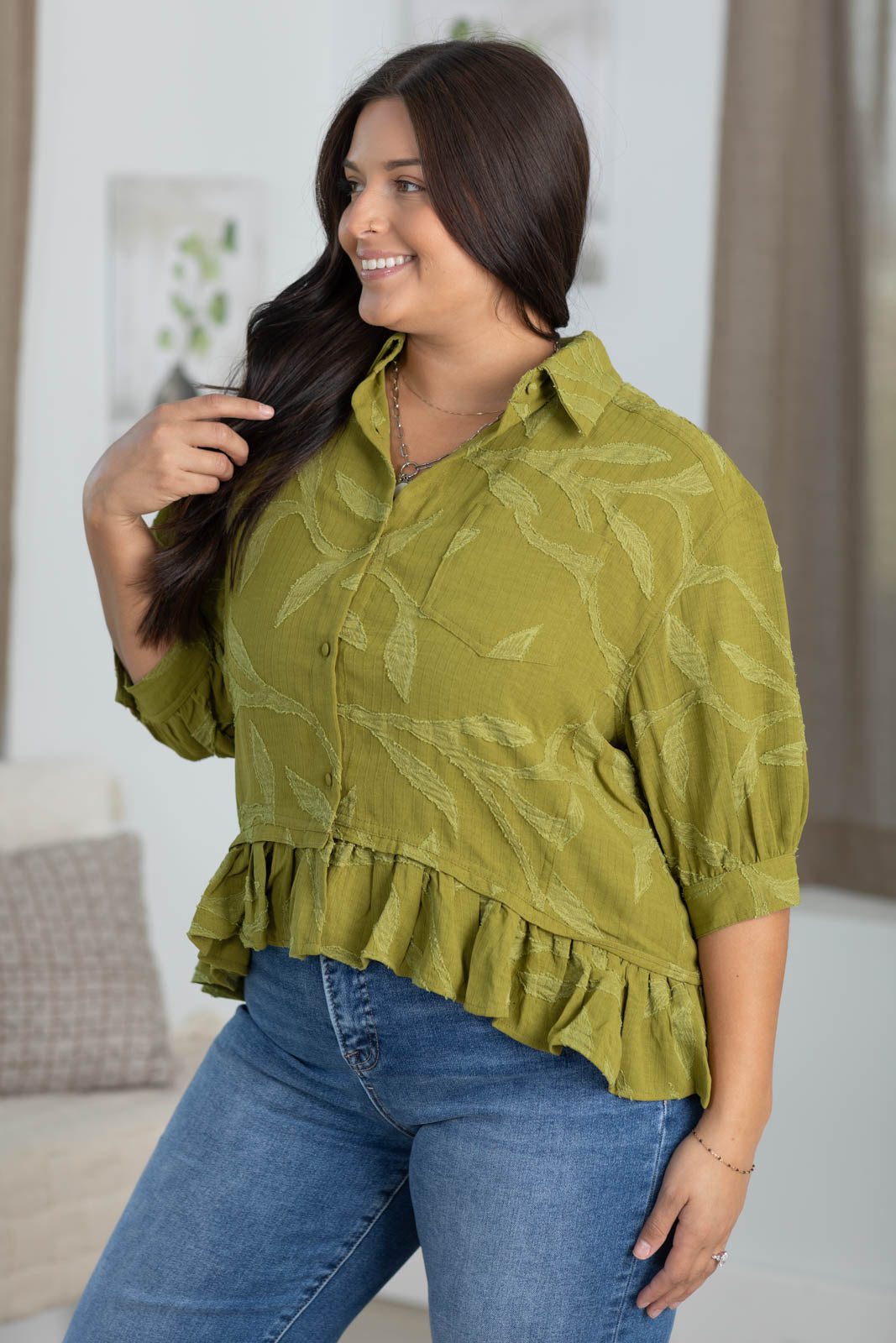 Vine Print Drop Waist Button Up Top