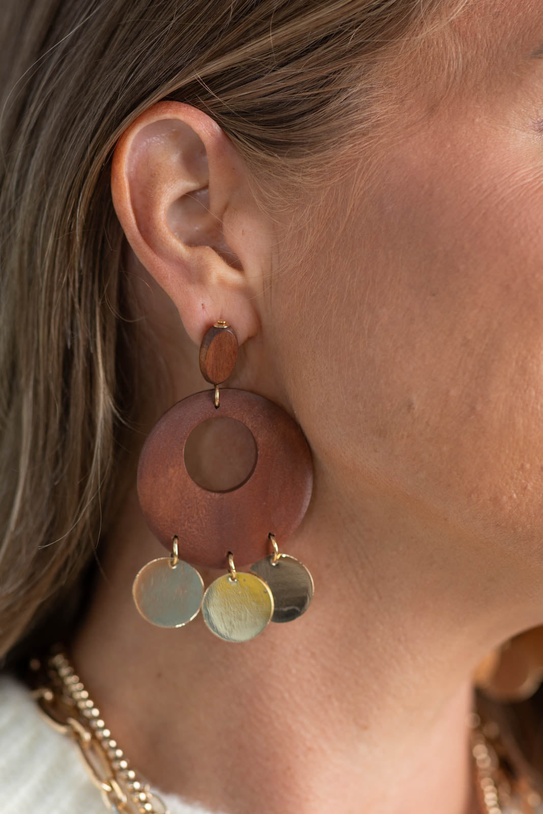 Wood Donut Drop Earrings With Coin Fringe