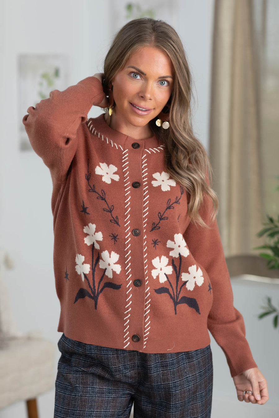 Staccato Flower Print Stitch Detail Cardigan