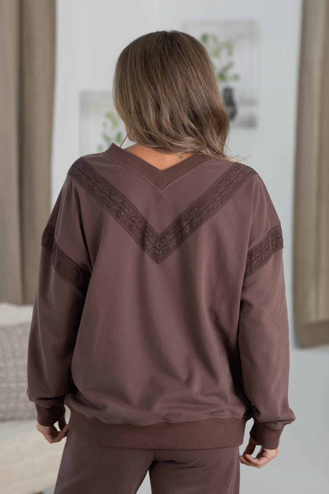 Elevated Ease Lace Detail V-Neck Sweatshirt by Filly Flair