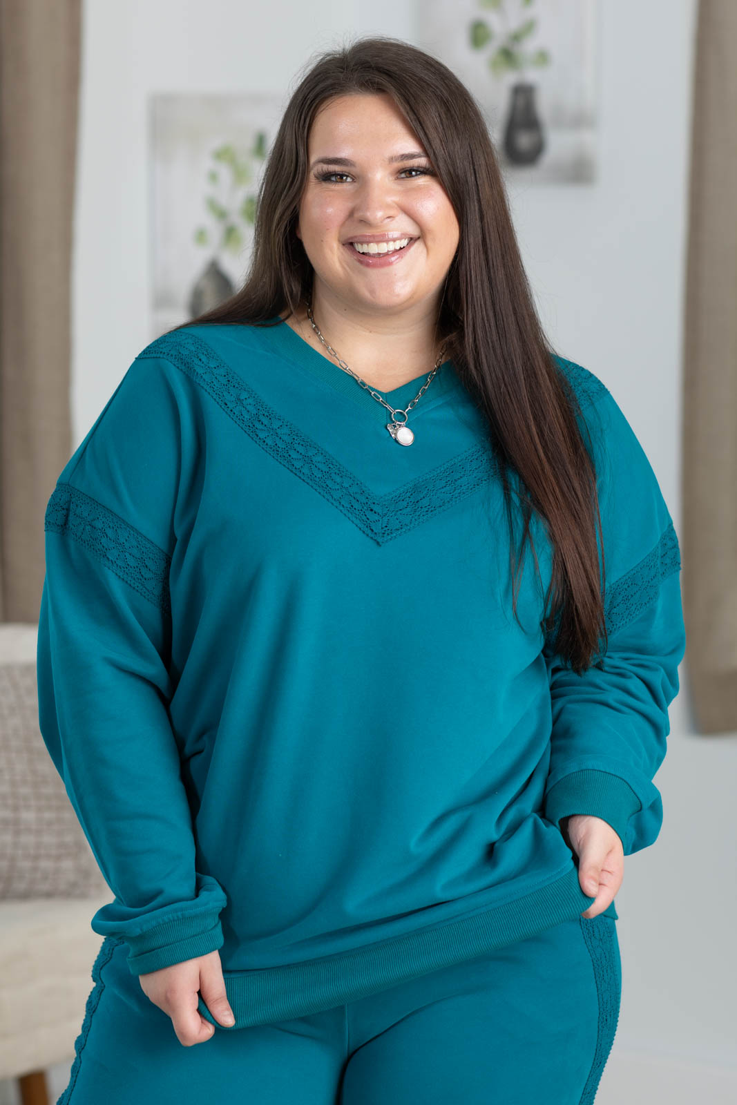 Elevated Ease Lace Detail V-Neck Sweatshirt by Filly Flair
