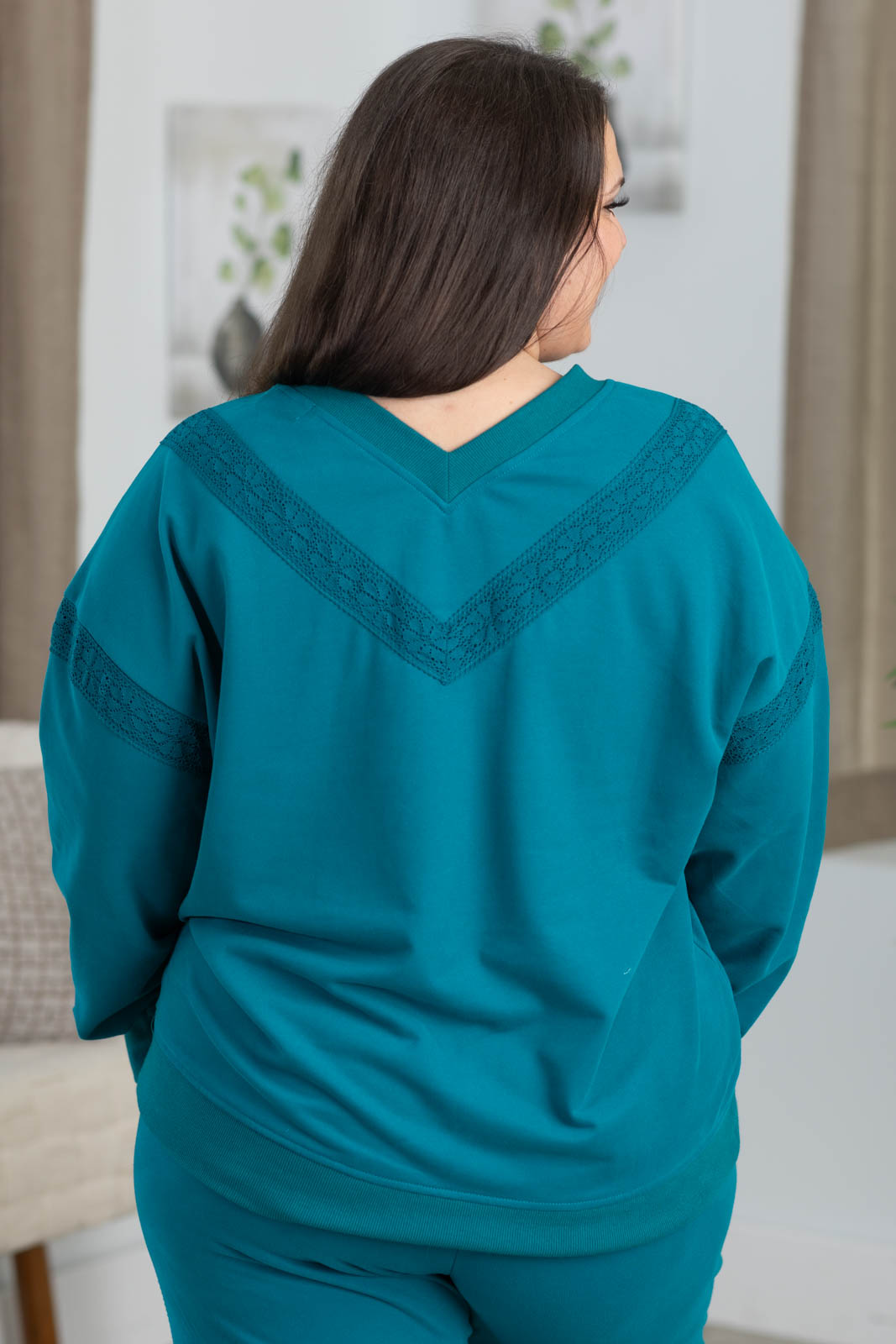 Elevated Ease Lace Detail V-Neck Sweatshirt by Filly Flair