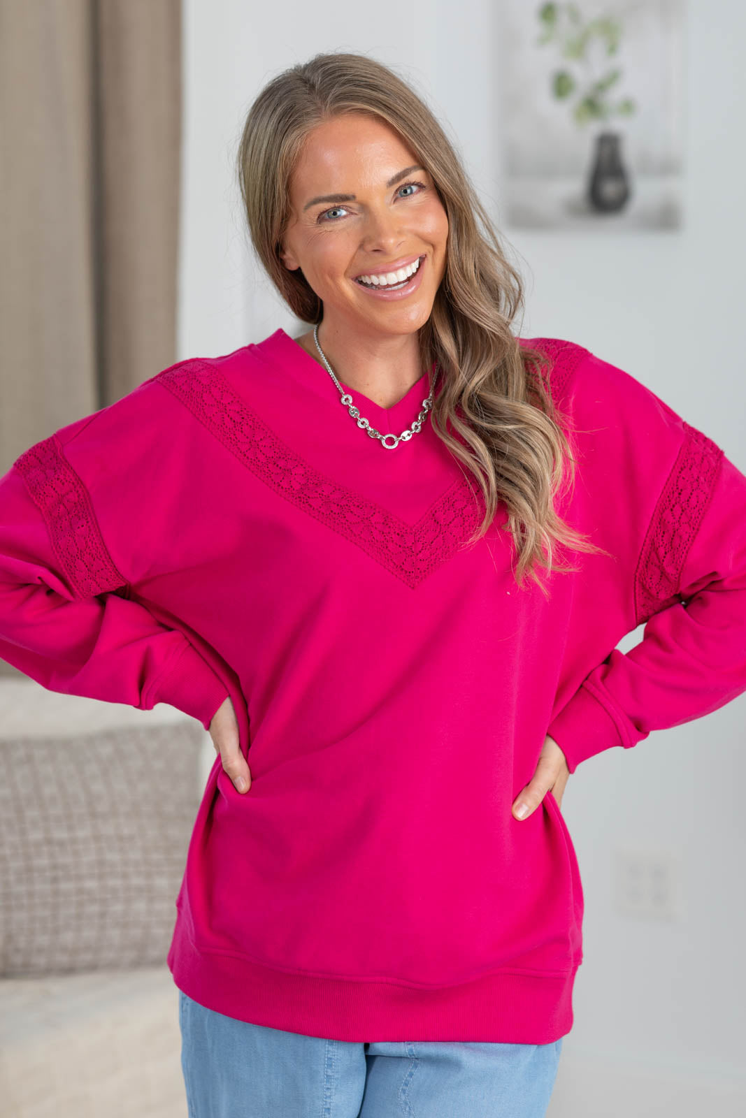 Elevated Ease Lace Detail V-Neck Sweatshirt by Filly Flair