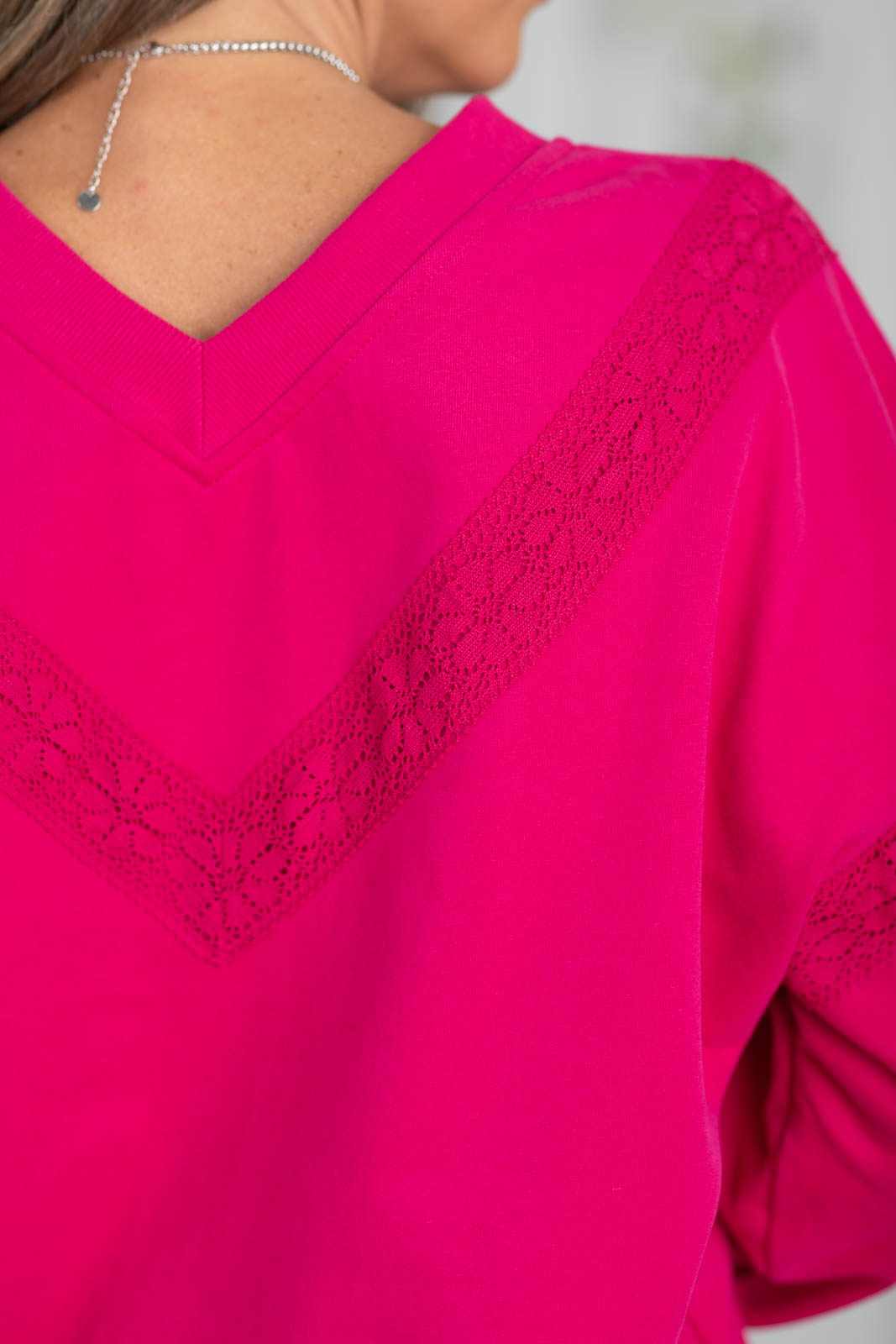 Elevated Ease Lace Detail V-Neck Sweatshirt by Filly Flair